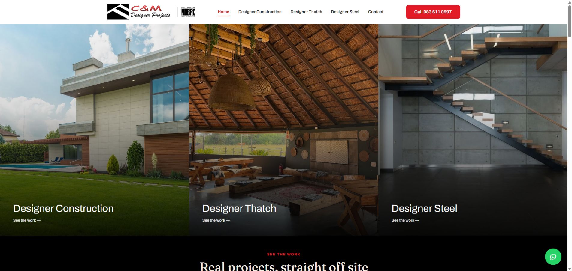 C&M Designer Projects website showing construction, thatch and steel services